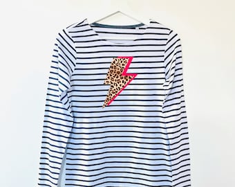 Leopard Print Lightning Bolt Breton Stripe Tshirt, Long Sleeve Neon Lightning Flash Top