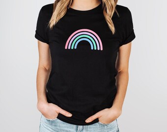 Pastel Rainbow Print T-shirt, Rolled Sleeve Cotton Top