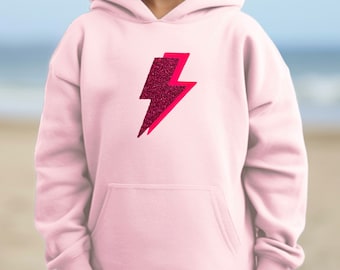 Girls Glitter Lightning Flash Hoodie, Kids Neon Thunder Bolt Hooded Top
