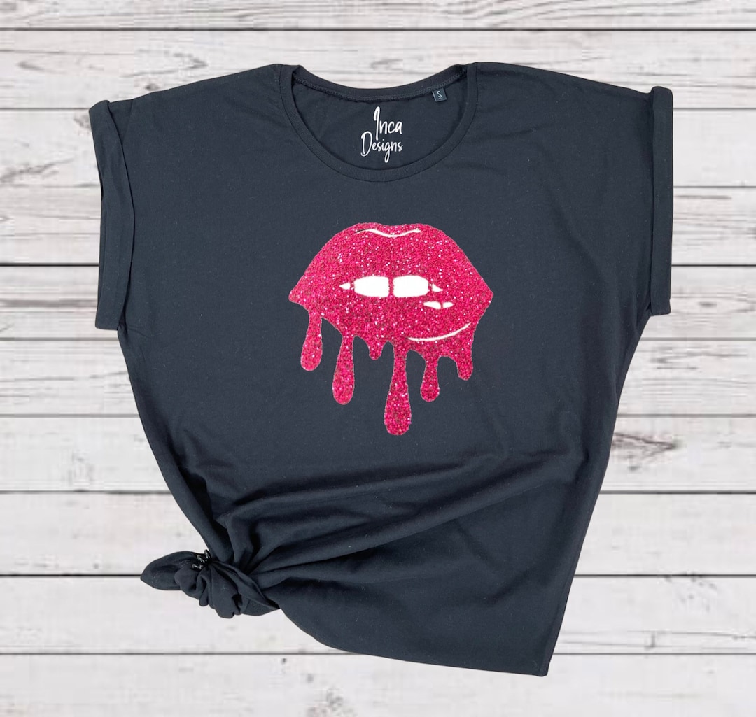 Lips Tshirt, Dripping Lips Shirt, Kissing T Shirt, Glitter Lips Top