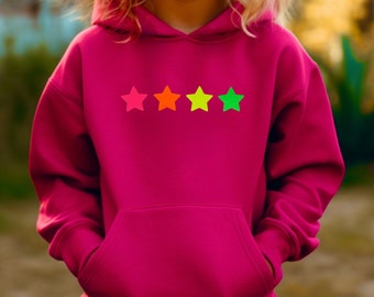 Kids Neon Star Hoodie, Girls Rainbow Star Hooded Top
