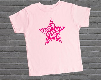 Girls Animal Print Star Tshirt, Kids Neon Pink Leopard / Zebra Print Star Top