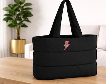 Quilted Beach Bag With Neon Pink & Leopard Print Lightning Flash, Padded Thunder Bolt Tote / Shopping / Gym Bag