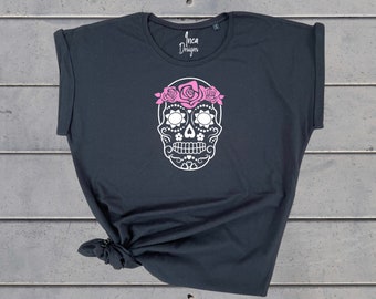 Sugar Skull Day of The Dead Tshirt, Dia De Los Muertos Floral Skull Top