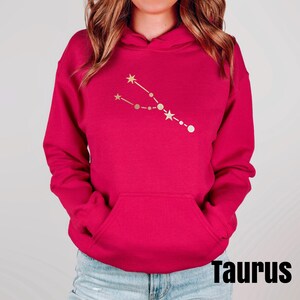 May include: A pink hoodie with a gold constellation design on the front. The constellation is labeled "Taurus".