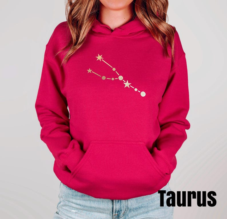 May include: A pink hoodie with a gold constellation design on the front. The constellation is labeled "Taurus".