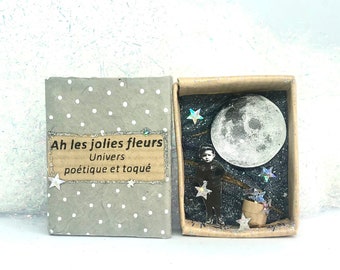 Diorama mini collage 3d à poser ou suspendre ramasseur d'étoiles devant la lune dans une boite d'allumettes cadeau de poche pour insomniaque