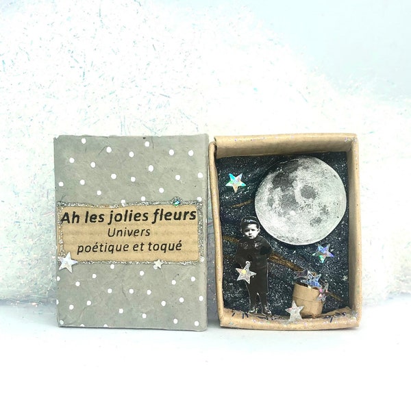 Diorama mini 3d collage to pose or suspend star picker in front of the moon in a pocket gift matchbox for insomniac