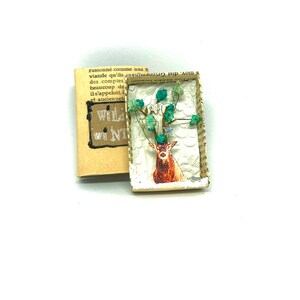 Diorama cerf décor de Noël, matchbox deer christmas,scene miniature vintage,shadow box winter,handmade paper vintage,artbox wildlife