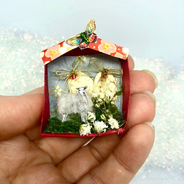 Diorama agneau pâques,miniature origami,box 3D,miniature spring lamb,diorama 3d paper origami, box easter papercut