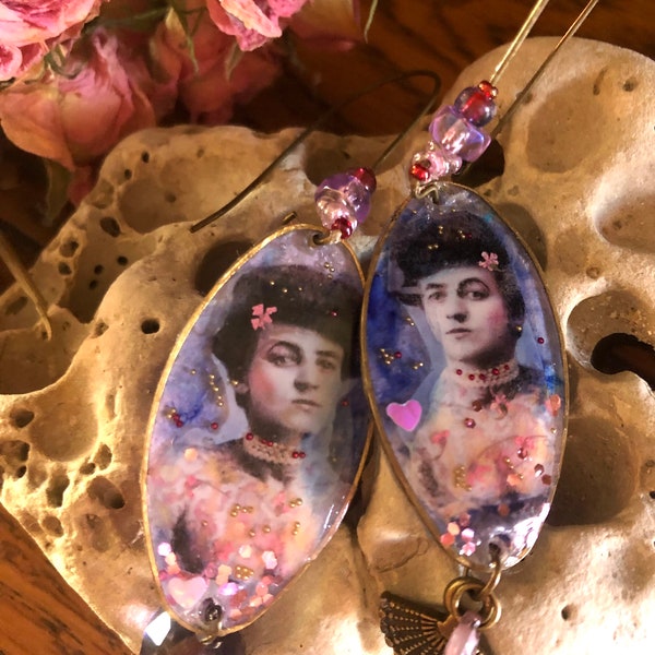 Boucles d’oreilles romantique mauve résine fleur femme tatouée,bijoux fantaisie élégants fait main,longues boucles rétro laiton et christal