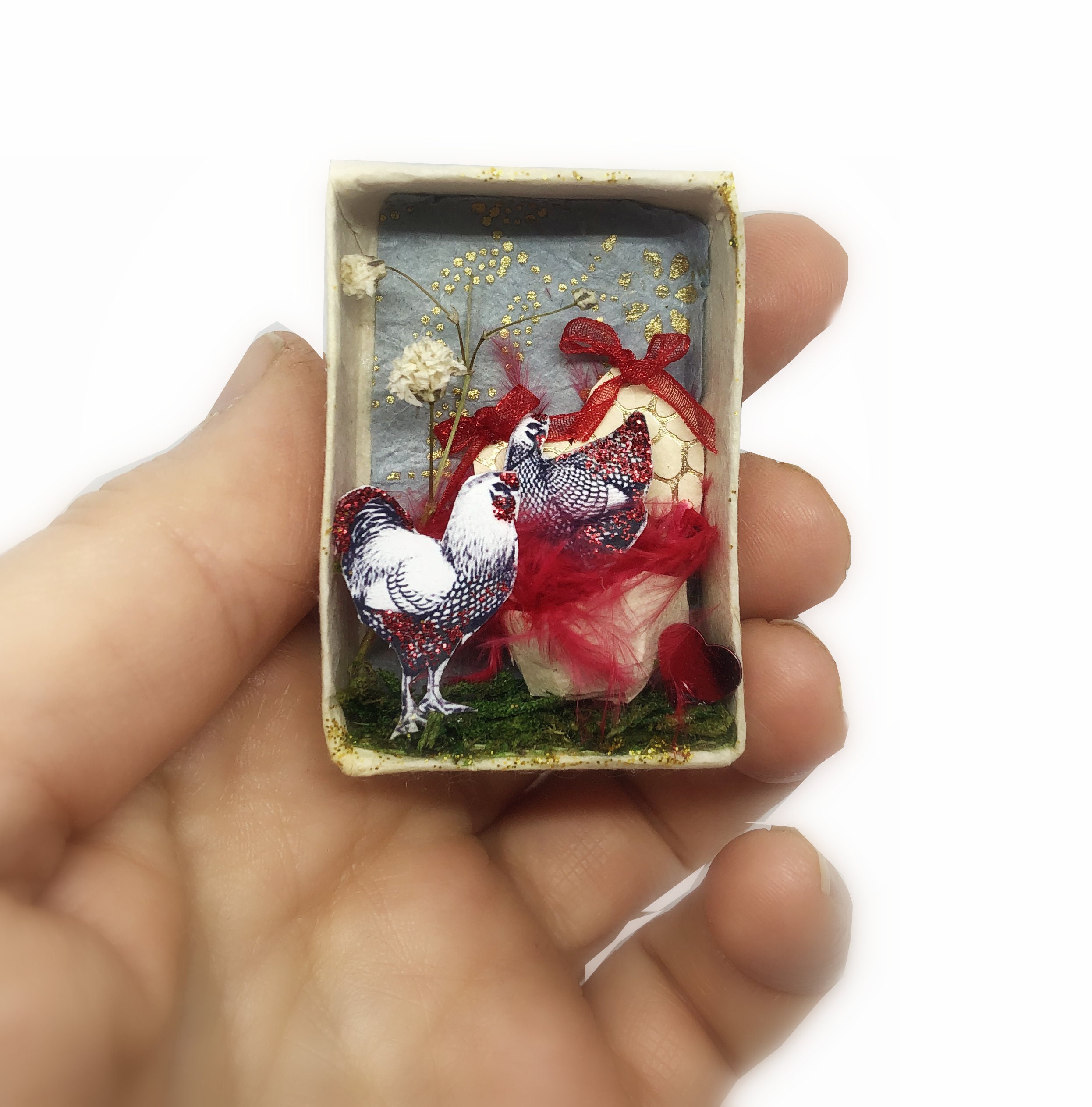 Diorama Miniature Poule et Coq de Pâques, Décoration Oeuf Pâques, Easter Egg Deco Matchbox, Vintage 