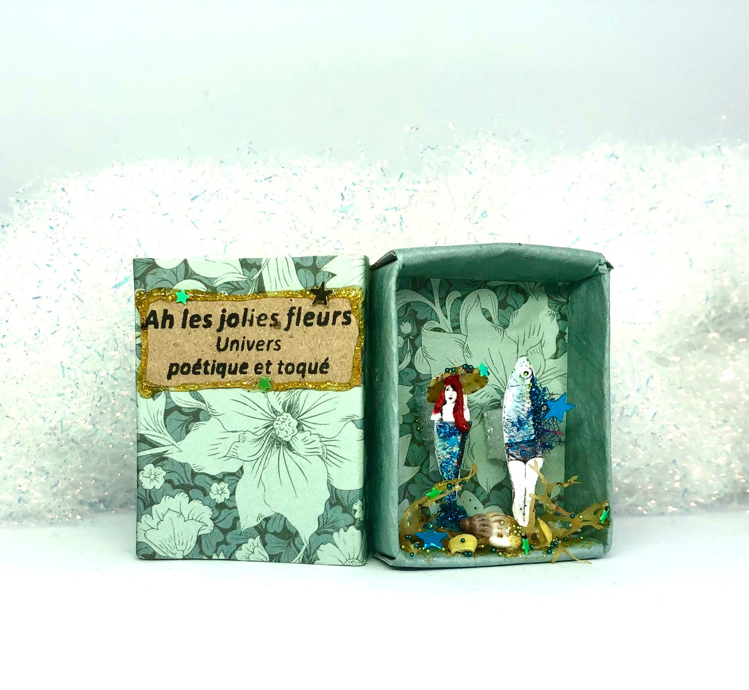 miniature diorama tale Andersen vintage mermaid woman fish at the beach in a matchbox unique creation to pose or hang