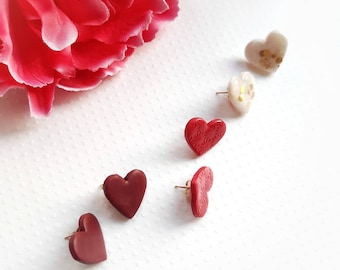 Liebe earrings studs heart white burgundy red in polymer clay cold porcelain resin, gold stainless steel love