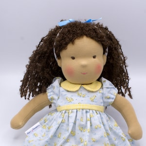Handmade Doll Outfit for 14-16 inch dolls, Includes a blue and yellow duckling doll dress and matching hairband, Fits a 15 inch Waldorf doll