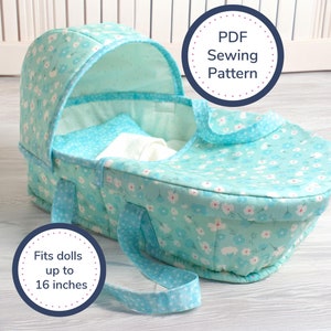 Patrón de costura en PDF para cuna de muñecas, apta para muñecas de hasta 16 pulgadas. La cuna portamuñecas perfecta para la muñeca de tu bebé.
