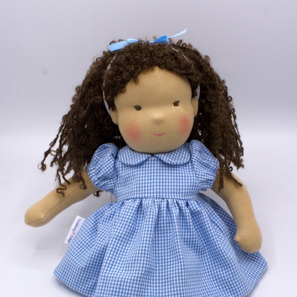 Handmade Doll Outfit for 14-16 inch dolls, Includes a blue and white check doll dress and matching hairband, Fits a 15 inch Waldorf doll