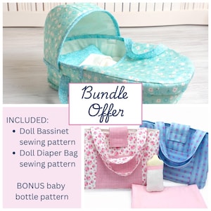 BUNDLE-ANGEBOT - Beinhaltet Baby Doll Stubenwagen-Schnittmuster und Baby Doll-Windeltaschen-Schnittmuster.  BONUS Puppe Baby Fläschchen Schnittmuster.