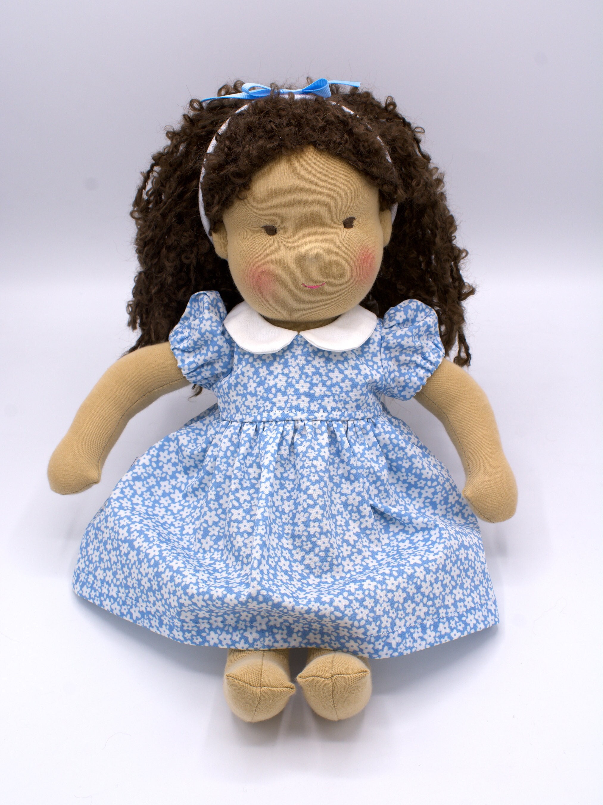 Handmade Doll Outfit: Blue Floral Dress & Hairband for 14-15 inch Dolls