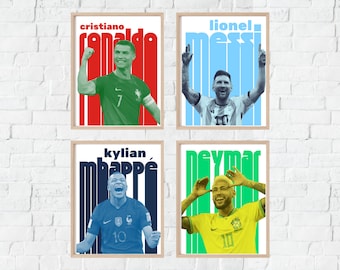 Set of 4 Soccer Prints - Messi Ronaldo Neymar Mbappe Poster Print Bundle -  Soccer Wall Art