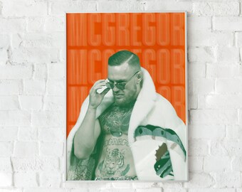 May include: A poster with an orange background featuring a man wearing sunglasses and a white fur coat. The man has a tattoo of a tiger on his chest. The text "McGregor" is repeated multiple times on the poster.