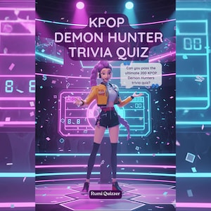Op de afbeelding: Digitale illustratie die een KPOP Demon Hunter Trivia Quiz promoot. De afbeelding toont een vrouwelijke avatar in een gele jas en zwarte shorts, met de tekst "KPOP DEMON HUNTER TRIVIA QUIZ". De achtergrond is een neonverlicht podium met confetti.