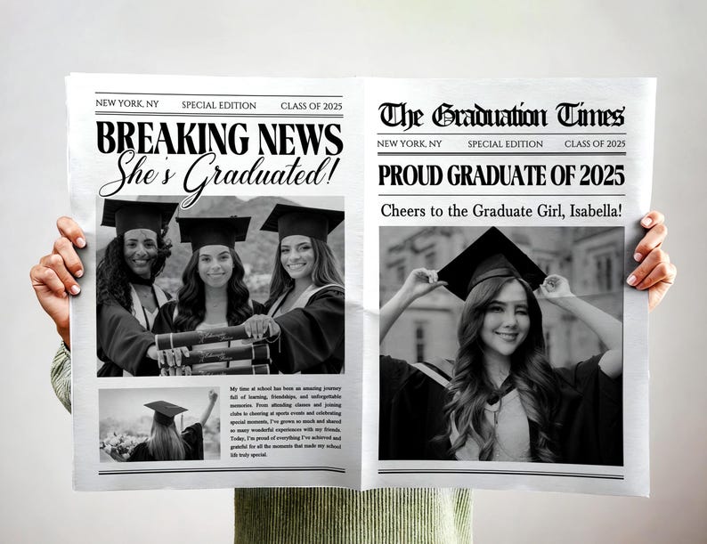 May include: A newspaper with the headline "Breaking News She's Graduated!" and "The Graduation Times Proud Graduate of 2025." The newspaper features black and white photos of graduates in caps and gowns. The text "Cheers to the Graduate Girl, Isabella!" is also visible.