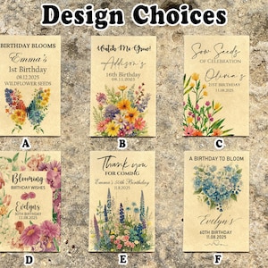 Puede incluir: Una colecci&oacute;n de seis dise&ntilde;os de sobres de semillas con ilustraciones florales y texto personalizado. Los dise&ntilde;os incluyen mariposas, ramos y varios arreglos florales, con texto como "Birthday Blooms" y "Thank You for Coming."