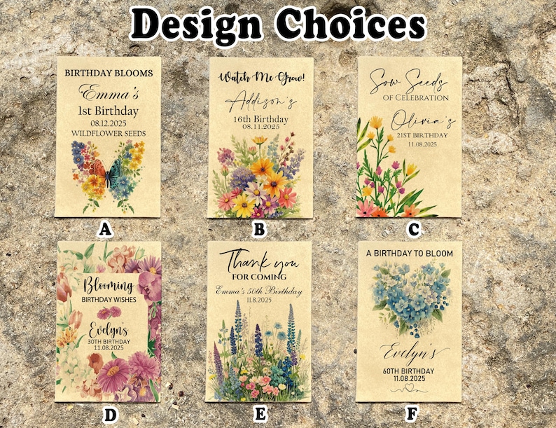 Puede incluir: Una colecci&oacute;n de seis dise&ntilde;os de sobres de semillas con ilustraciones florales y texto personalizado. Los dise&ntilde;os incluyen mariposas, ramos y varios arreglos florales, con texto como "Birthday Blooms" y "Thank You for Coming."