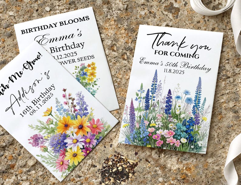 Birthday Bloom: Paquetes de semillas para cumpleaños, regalos personalizados para fiestas de 1.er, 30.º, 40.º y 50.º cumpleaños, regalos personalizados con semillas de flores silvestres. imagen 9