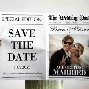 May include: A newspaper-style wedding announcement with the headline "Save the Date" and the date 11.09.2025. The right side features a photo of a couple and the words "Are Getting Married."