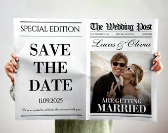 Invitaciones de periódico personalizadas "Reserva la fecha", anuncio de boda personalizado, recuerdo de boda vintage, edición especial para parejas