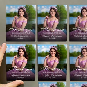May include: Square magnets featuring a woman in a pink dress and tiara. The text "Thank you" and "Sophia's Quincea&ntilde;era" are displayed. The date "08.12.2025" is also visible. The magnets are displayed on a gray surface.