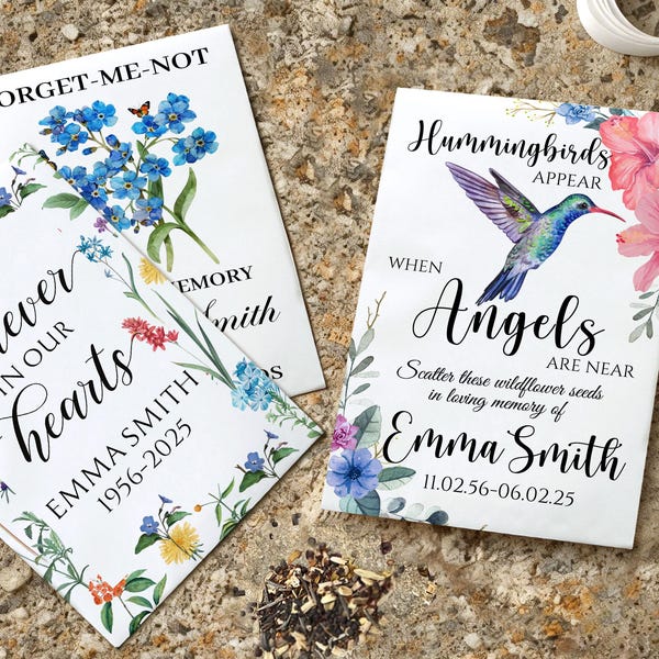 Custom Hummingbird Memorial Seed Packets, Celebration of Life Favors