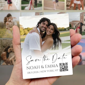 May include: A rectangular save-the-date magnet featuring a smiling couple. The text "Save the Date" is in elegant script, with the names "NOAH & EMMA", date, and location below. A QR code is in the lower right corner.