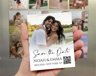 May include: A rectangular save-the-date magnet featuring a smiling couple. The text "Save the Date" is in elegant script, with the names "NOAH & EMMA", date, and location below. A QR code is in the lower right corner.