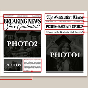 May include: A graduation announcement designed as a newspaper front page. Headlines read "BREAKING NEWS She's Graduated!" and "The Graduation Times PROUD GRADUATE OF 2025." Includes photos and text, with the phrase "Cheers to the Graduate Girl, Isabella!"