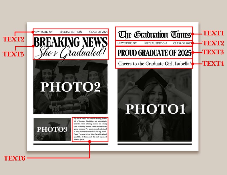 May include: A graduation announcement designed as a newspaper front page. Headlines read "BREAKING NEWS She's Graduated!" and "The Graduation Times PROUD GRADUATE OF 2025." Includes photos and text, with the phrase "Cheers to the Graduate Girl, Isabella!"