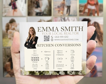 May include: A business card held in a hand features the name "EMMA SMITH, YOUR LOCAL REALTOR." It includes contact information and a kitchen conversions chart. The card has a photo of a woman in a black blazer.