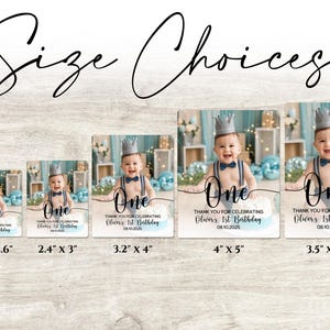 May include: Image featuring five size options for a birthday party invitation. Each card displays a baby wearing a crown and bow tie, with the word "One" in elegant script. The sizes are listed in inches, ranging from 2.4" x 3" to 4" x 5".