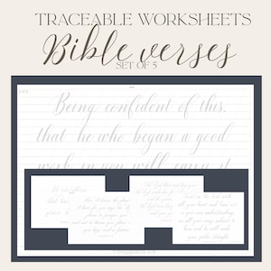 May include: A set of five traceable Bible verse worksheets. The worksheets feature elegant cursive text, including phrases like "Being confident of this" and "Trust in the Lord." The design includes a dark blue border and the words "TRACEABLE WORKSHEETS" and "Bible verses."