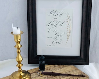 Handmade calligraphy Bible verse wall art, handwritten, God is our refuge, gold feather design