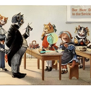 Knitting Cartoon Cats School Retro Picture Print Poster Funny Cat Cute Cat Humanized Cats Reproduction Illustration