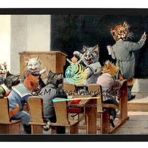 Cartoon Cats School Retro Picture Print Poster Funny Cat Cute Cat Humanized Cats Reproduction Illustration