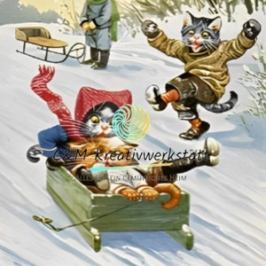 Cartoon Cats Happy New Year Cats Retro Picture Print Poster Funny Cat Cute Cat Humanized Cats Reproduction Illustration