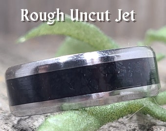 8 mm Jet Inlay Rings In the Rough and Uncut. Sizes US 6-14. Custom band material.