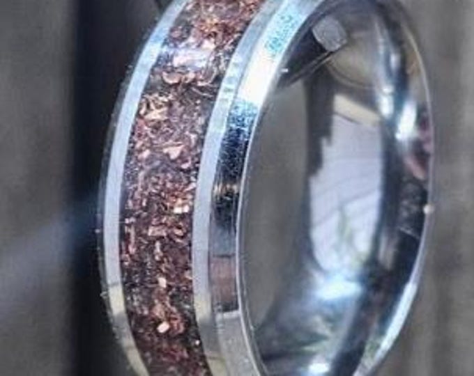 Featured listing image: 4mm Copper Shavings Inlay Ring in Sizes US 6-14 with Custom band material.