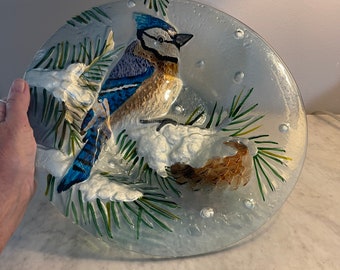 Fused painted glass blue bird bowl bath or feeder art glass sun catcher coffee table console