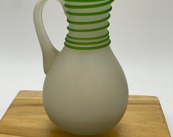 Small frosted art glass carafe vase/pitcher hand blown with applied green rope/ribbon