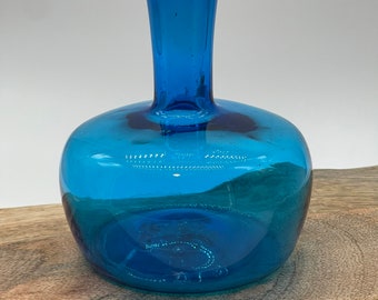 Hand blown art glass decanter vase aqua blue